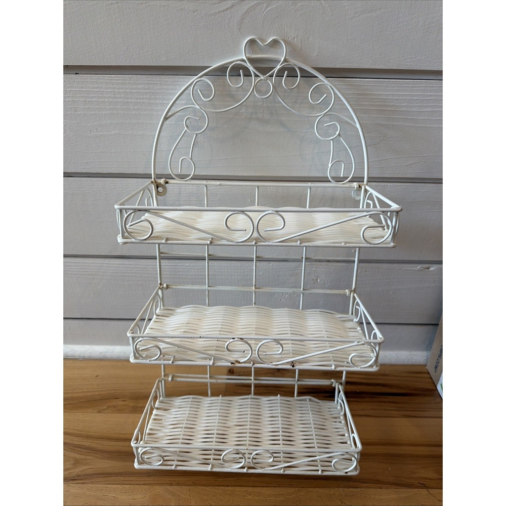 Vintage White Faux Wicker And Metal Collapsable White 3 Tier Wall Hang Shelf 002